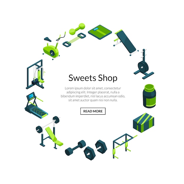 Vector isometric gym. sport and fitness items on rounded frame with text template Premium Vector