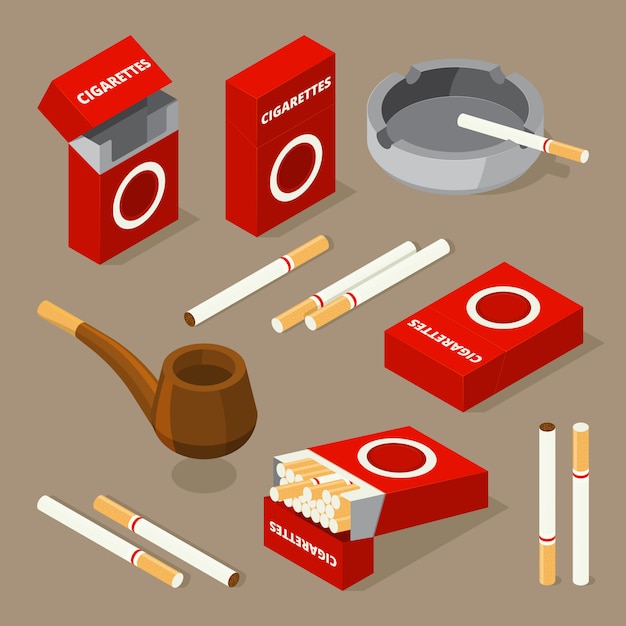 Vector isometric illustrations of cigarettes and various accessories ...