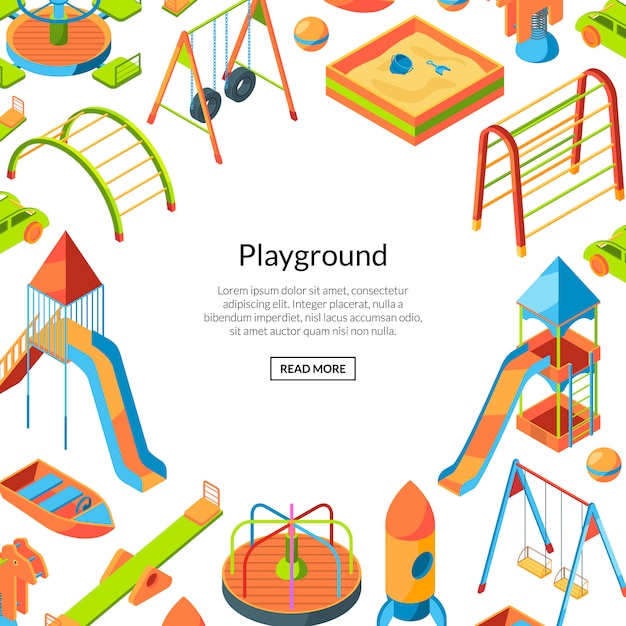 Vector isometric playground objects. happy childhood frame background with text template Premium Vec