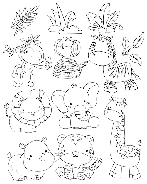 A Vector Of Jungle Animals In Black And White Premium Vector