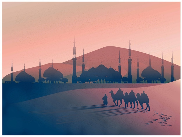 Vector landscape of arabian journey with camels through the desert with mosque Premium Vector