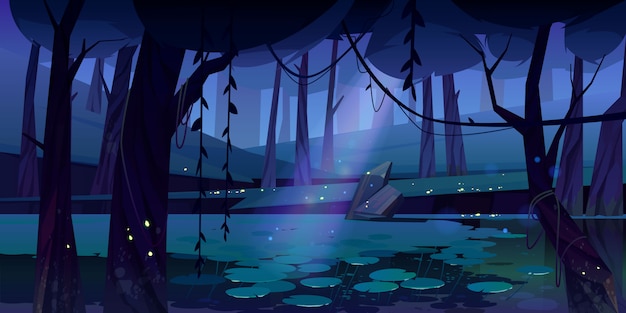 Free Vector Vector Landscape With Swamp In Night Forest