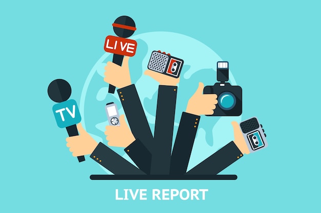 Vettore concetto di report dal vivo, notizie in tempo reale, mani di giornalisti con microfoni e registratori Vettore gratuito