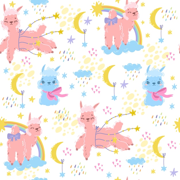 アルパカとベクトルマジックパターン 甘いラマ ピンクの羊またはユニコーン 子供のテーマに使用します テキスタイル 部屋 壁紙 洋服のプリント おやすみベビーナイトプリント プレミアムベクター