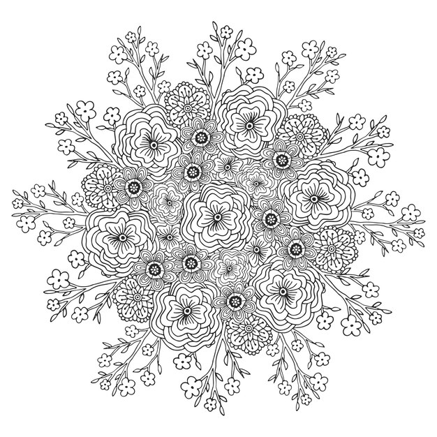 花のパターンとベクトルの曼荼羅 大人のぬりえの本のページ 装飾のための花のデザイン プレミアムベクター