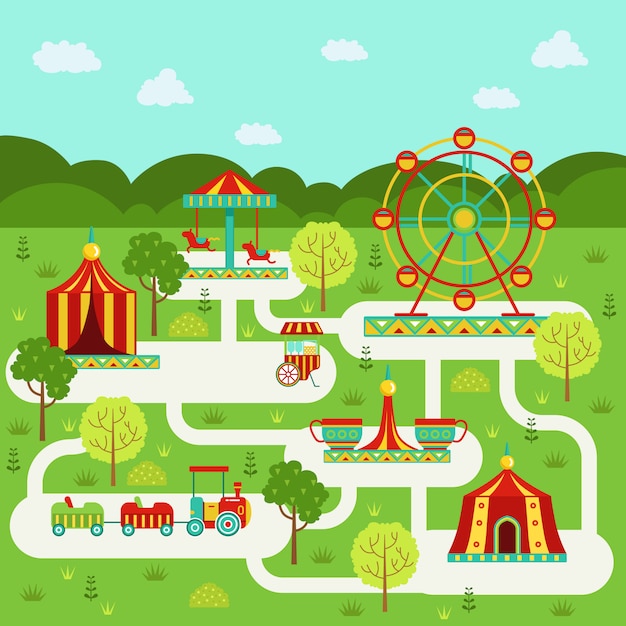 Vector map of amusement park with attractions | Premium Vector