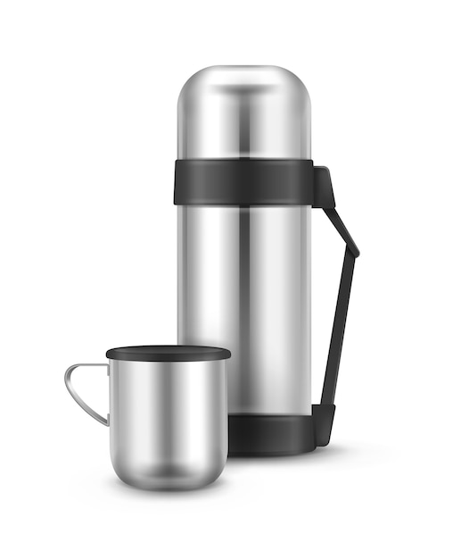 Free Vector | Vector metal closed travel thermos flask with mug front