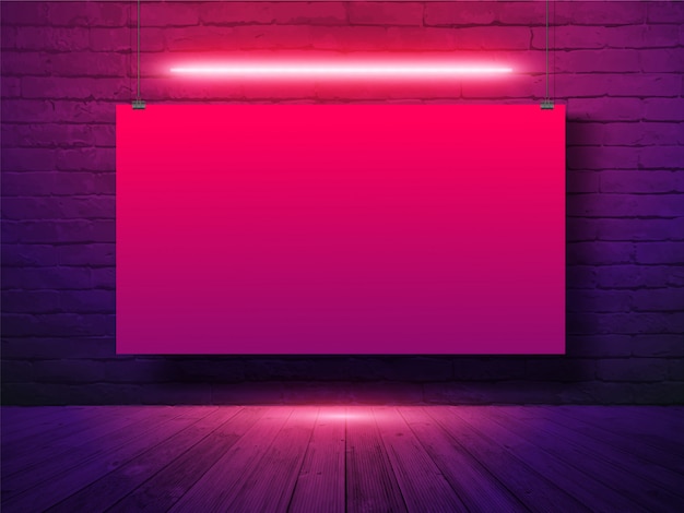 Premium Vector Vector Mockup Poster Banner Hanging With On Brick Wall Background Neon Light