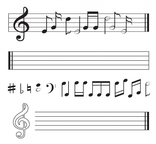 プレミアムベクター 音符のベクトルのモノクロコレクション 写真は白で隔離されます 音符 ミュージカル高音オーディオイラスト