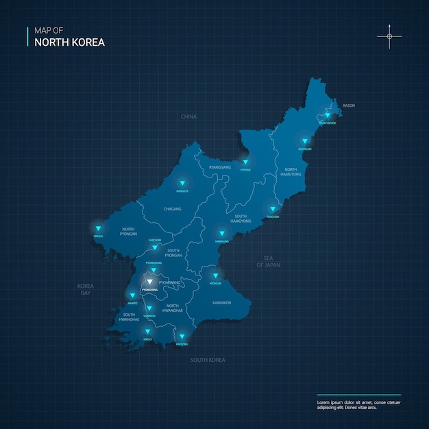 青いネオンの光点を持つベクトル北朝鮮地図イラスト プレミアムベクター