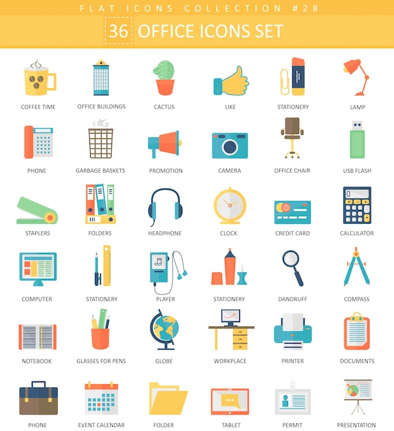 Vector office color flat icon set. elegant style design. Premium Vector
