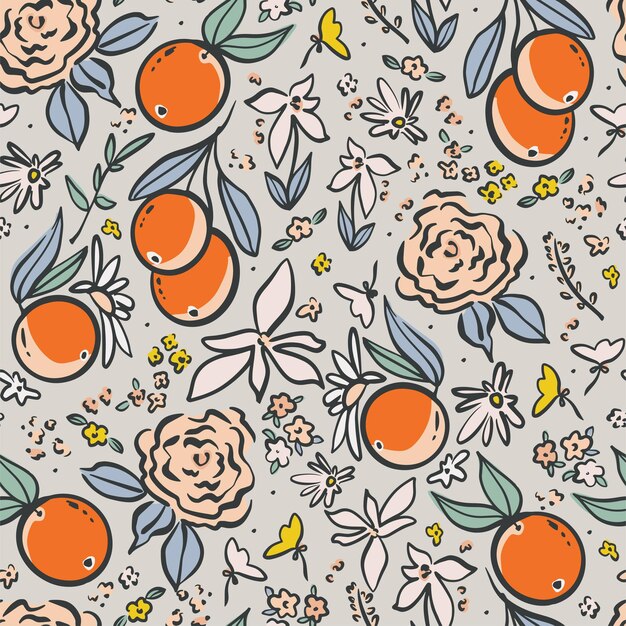 ベクトルペン描画アウトラインオレンジと野生の花イラストモチーフシームレスリピートパターン プレミアムベクター