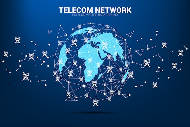 Vector polygon dot connect line with antenna tower icon around world map globe. Premium Vector