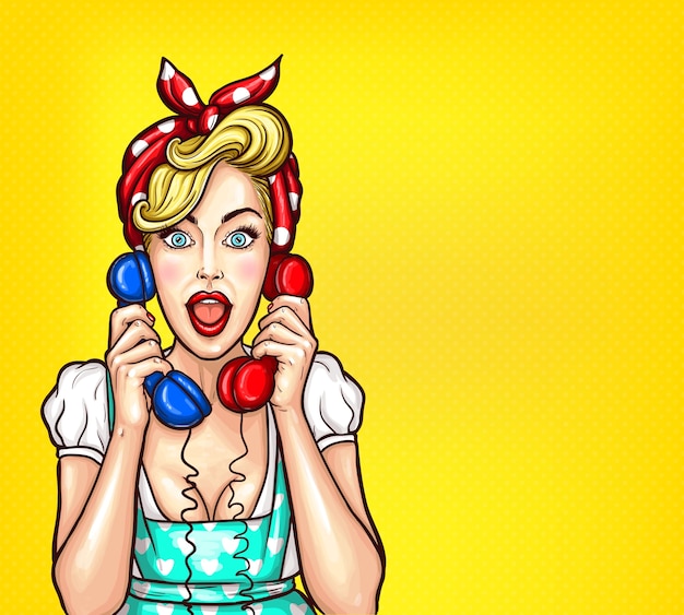 Vector pop art illustration of an excited surprised blond woman with a two telephone receiver in her hand. Free Vector