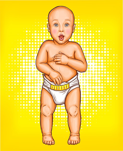 Vector pop art illustration of a surprised baby with open mouth in a diaper Free Vector