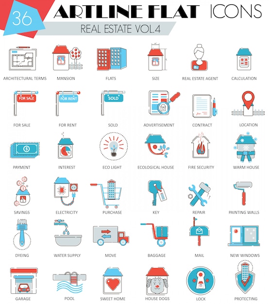 Vector real estates ultra modern outline artline flat line icons for web and apps. Premium Vector
