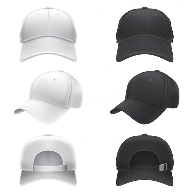 白と黒のテキスタイルの野球帽の正面 背面 側面図のベクトル現実的なイラスト 無料のベクター