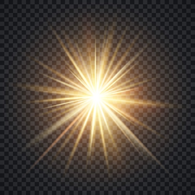 Vector realistic starburst lighting effect, yellow sun with rays and