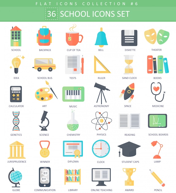 Vector school color flat icon set. elegant style design. Premium Vector