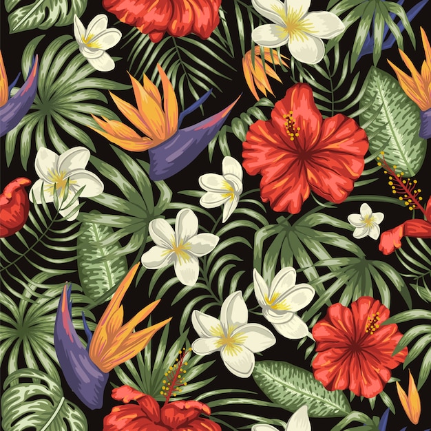 Vector seamless pattern of green tropical leaves with plumeria, strelitzia and hibiscus flowers. summer or spring repeat tropical Premium Vector