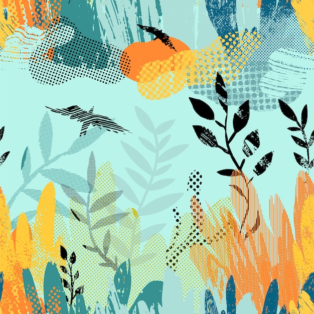 Vector seamless pattern with abstract plants, clouds and birds. Premium Vector