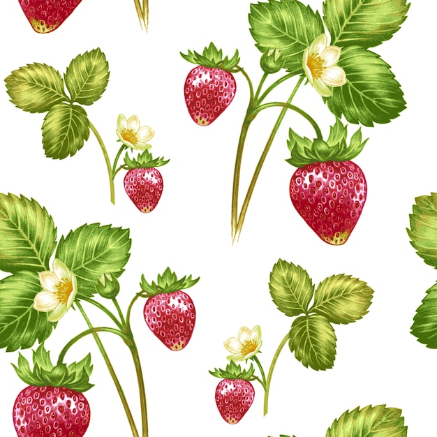 Premium Vector | Vector seamless pattern with flowers and strawberries.