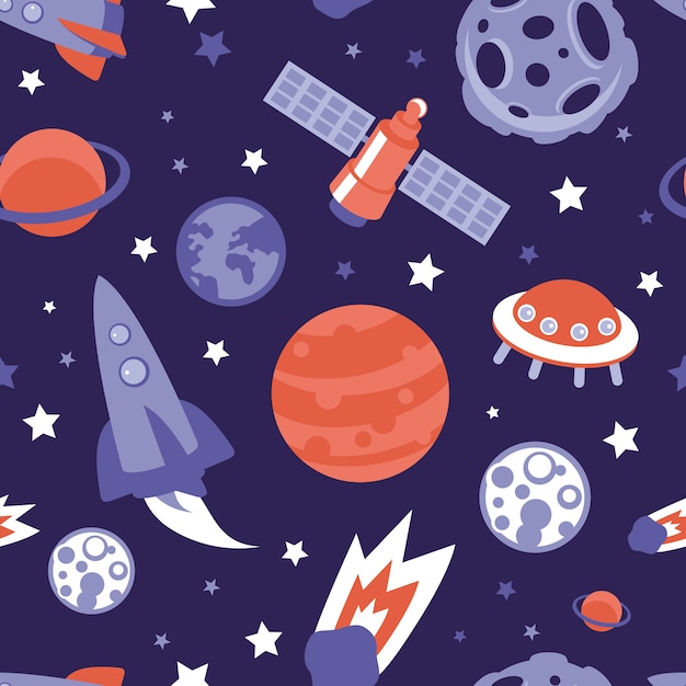 Vector seamless pattern with planets, ships and stars - background in vintage flat style Premium Vector
