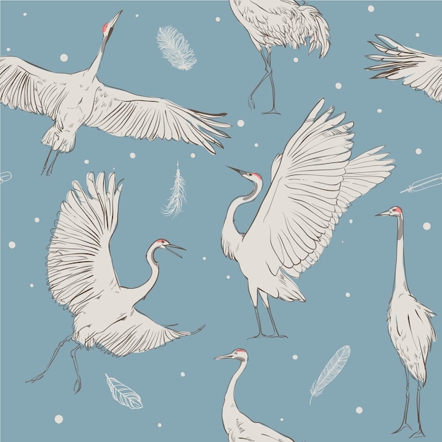 Premium Vector | Vector seamless pattern with white cranes on blue ...