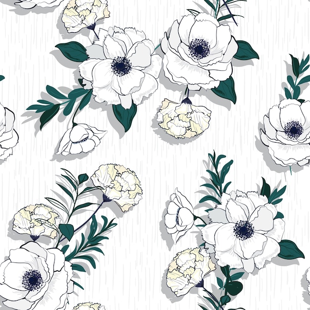 Premium Vector | Vector seamless white blooming flowers pattern