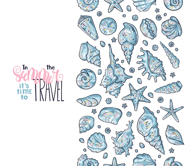 Vector seashells sketches. lettering: in the summer it is time to travel. Premium Vector