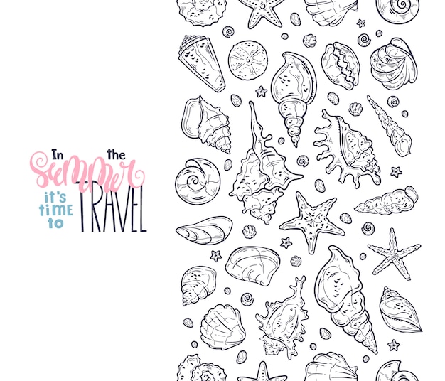 Vector seashells sketches. lettering: in the summer it is time to travel. Premium Vector