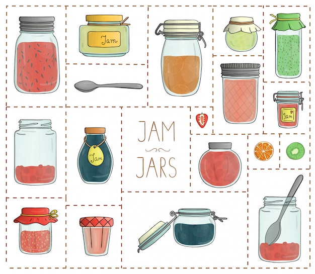 Vector set of colored jam jars isolated . colorful collection of preserved food in pots Premium Vect
