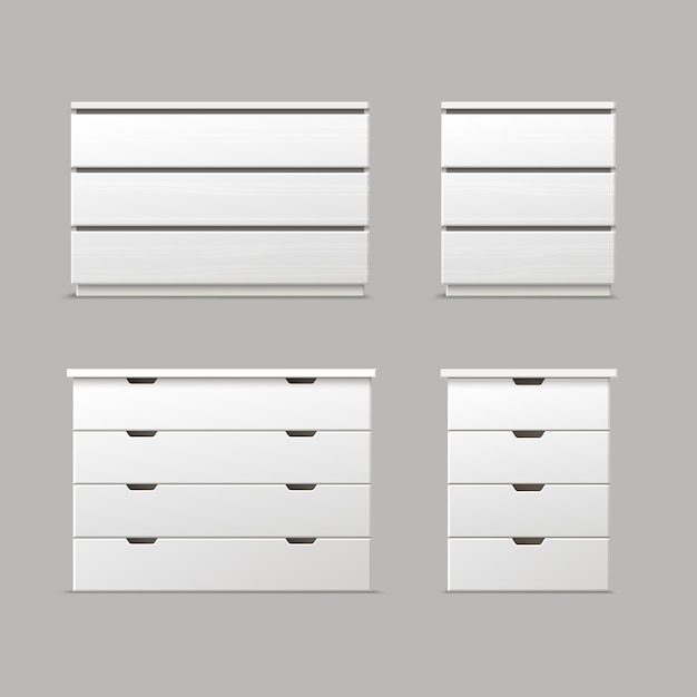 Vector set of different white drawers, nightstands or bedside tables front view isolated on background Free Vector