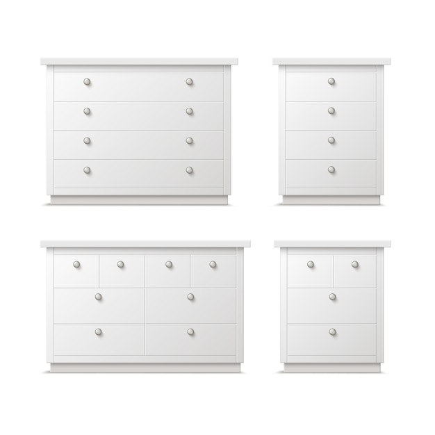 Vector Set Of Diffe White Drawers, Bedside Tables And Dresser Set White