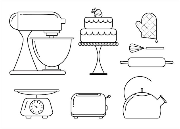  Vector set of elements for bakery in trendy linear style Premium Vector