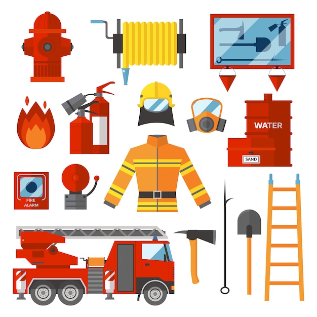 Premium Vector | Vector set firefighter fire safety flat icons and symbols.