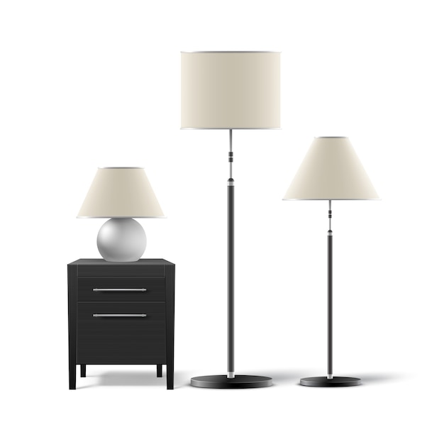 Free Vector Vector Set Of Floor And Table Lamps With Black Nightstand Isolated On White Background