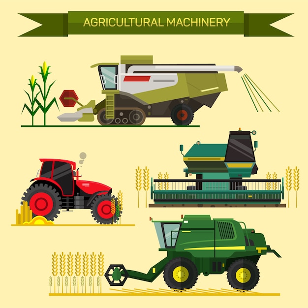 プレミアムベクター 農業用車両および農機具のベクトルを設定します トラクター ハーベスター コンバイン フラットなデザインのイラスト 農業事業コンセプト農業機械農作物の収穫