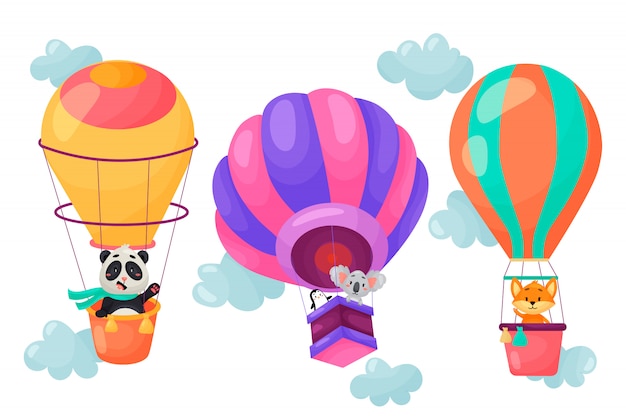 気球で飛ぶ漫画の動物のベクトルを設定します 雲の中の風船のかわいいキャラクターデザイン ベクトルイラスト プレミアムベクター
