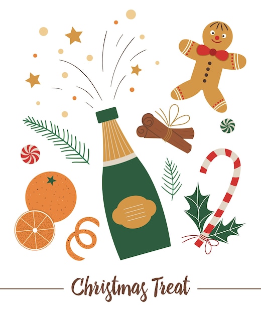 分離されたシャンパンとクリスマス食品要素のベクトルセット 装飾や新年のデザインのためのおいしい伝統的な御馳走とフラットスタイルのイラスト プレミアムベクター