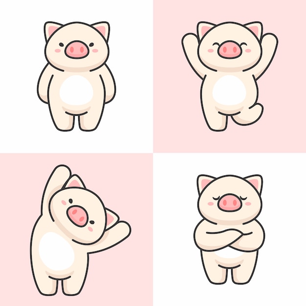 かわいい豚キャラクターのベクトルを設定 プレミアムベクター