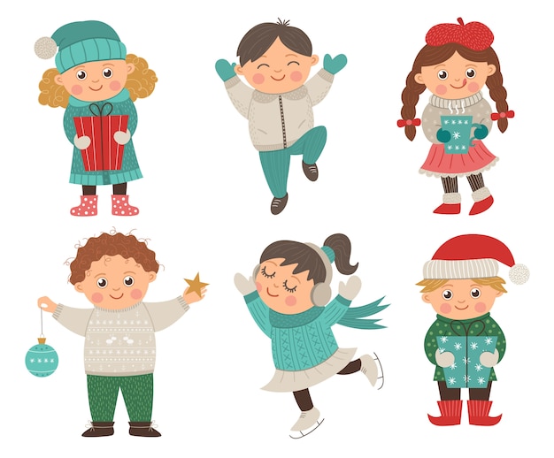 プレミアムベクター クリスマスデザインのさまざまなポーズで幸せな子供のベクトルを設定します プレゼント 装飾 温かい飲み物とかわいい冬子供イラスト 喜びでジャンプ面白い少年