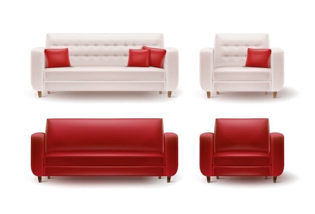 白い背景で隔離のソファとクッションの正面図と赤 白のアームチェアのベクトルセット 無料のベクター