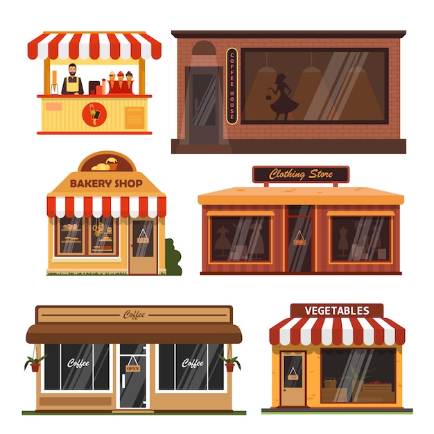 Download Premium Vector | Vector set of storefront buildings. coffee shop, bakery, grocery store