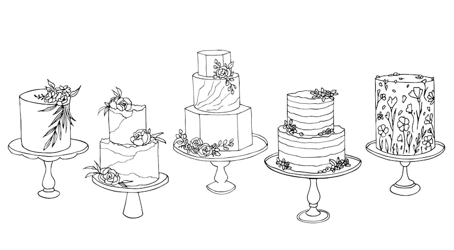  Vector sketch of trending wedding cakes with floral and fruit decoration Premium Vector