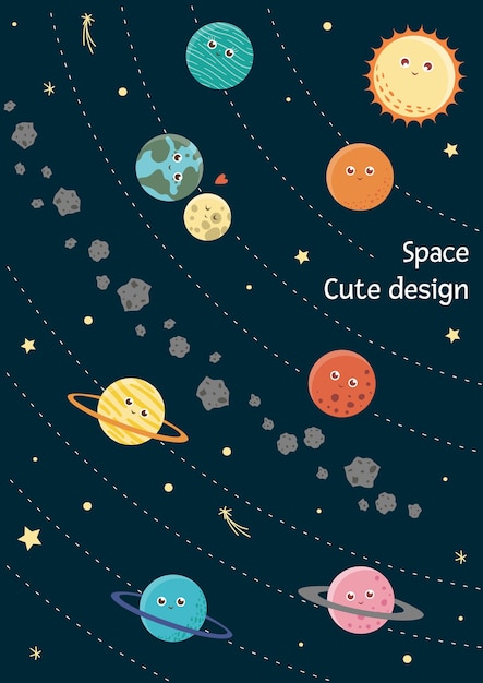 子供のためのベクトル太陽系カード 笑顔の地球 太陽 月 金星 火星 木星 水星 土星 海王星の明るくかわいいフラットイラスト プレミアムベクター