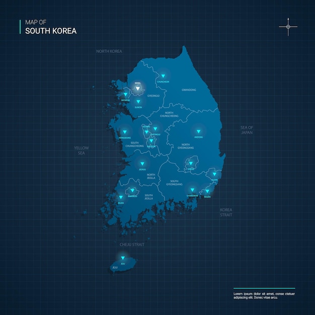 青いネオンの光点とベクトル韓国地図イラスト プレミアムベクター