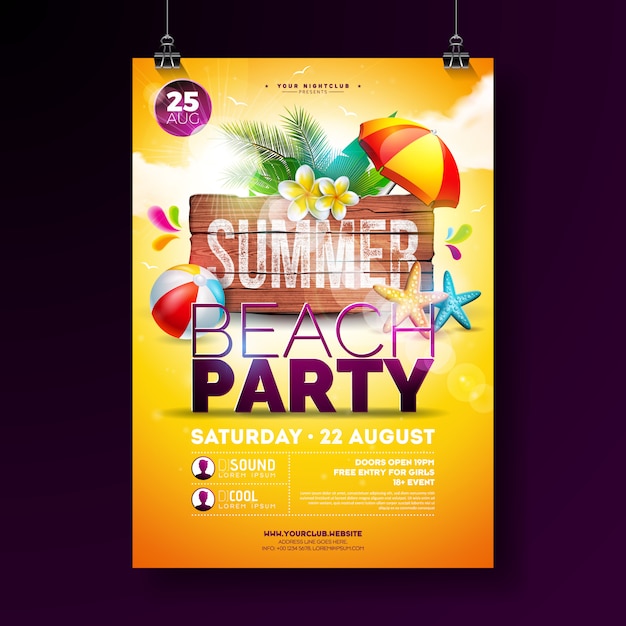 Free Vector Vector Summer Beach Party Flyer Design With Flower Palm Leaves Beach Ball And Starfish On Yellow Background Summer Holiday Illustration With Vintage Wood Board