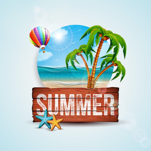 Vector summer holiday illustration with wood board and exotic palm trees Premium Vector