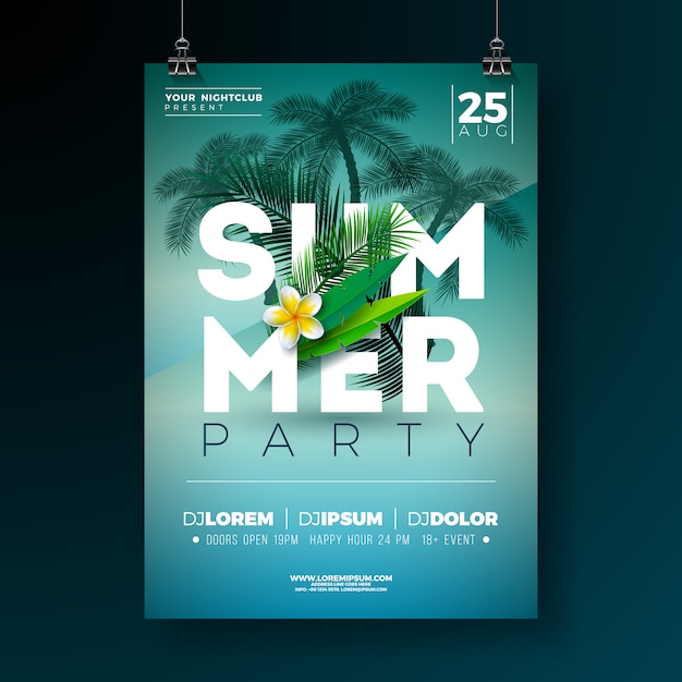 Free Vector Vector Summer Party Flyer Design With Flower And Tropical Palm Trees